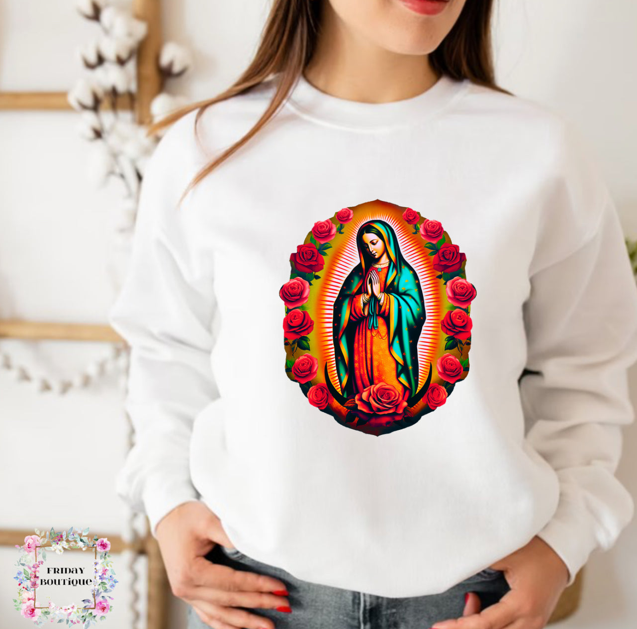 Red rose virgen maria white crewneck