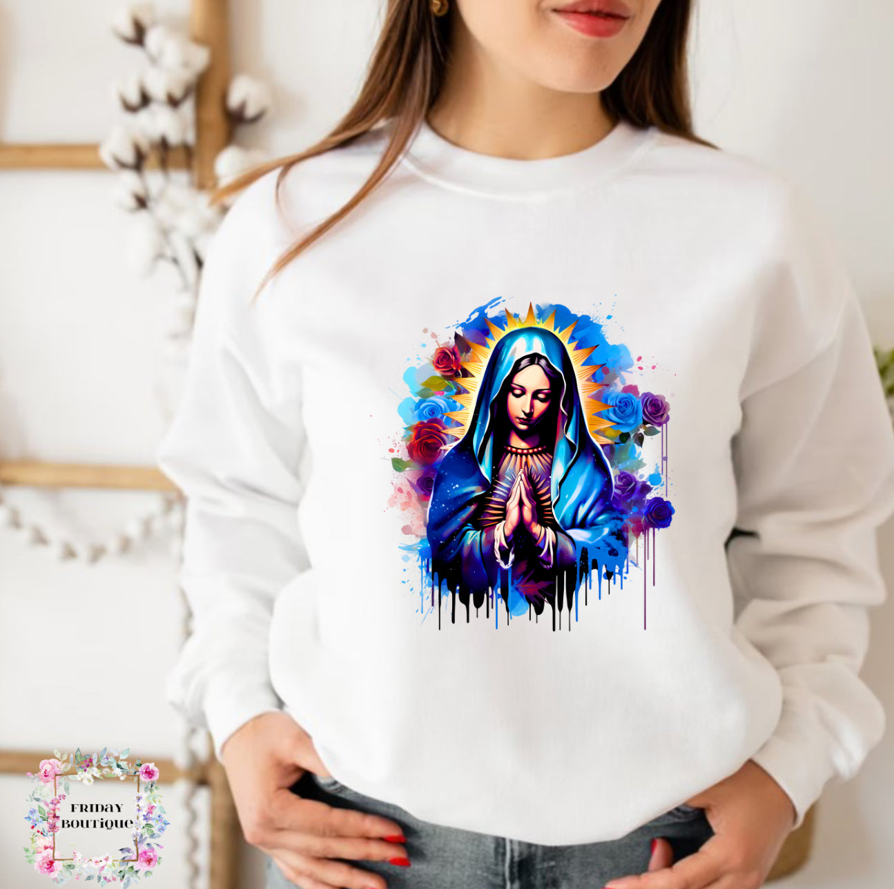 Blue virgen white crewneck