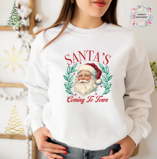 Santa Coming to Town Christmas White Crewneck