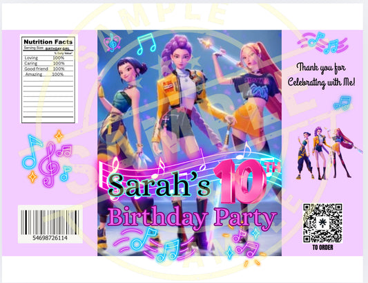 K-pop Demond Hunters theme party Chips bags and chocolate labels