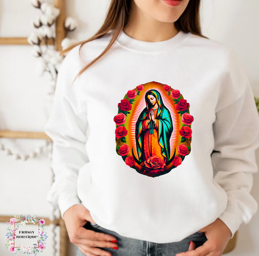 Red rose virgen maria white crewneck