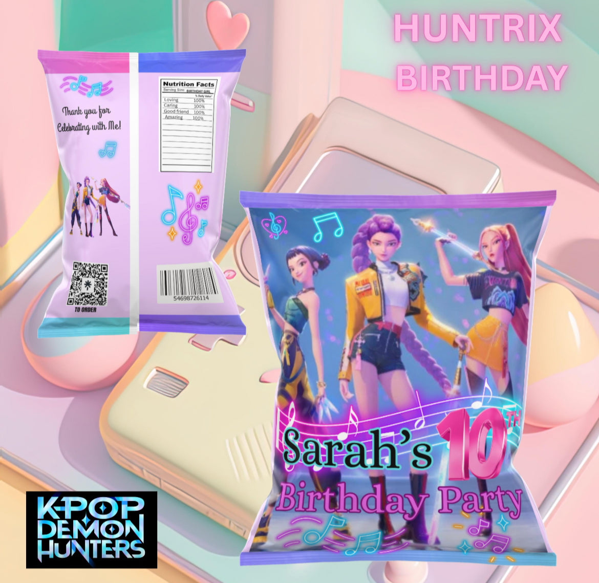 K-pop Demond Hunters theme party Chips bags and chocolate labels