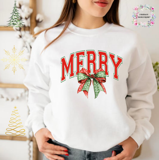 Merry green and red bow Christmas white crewneck