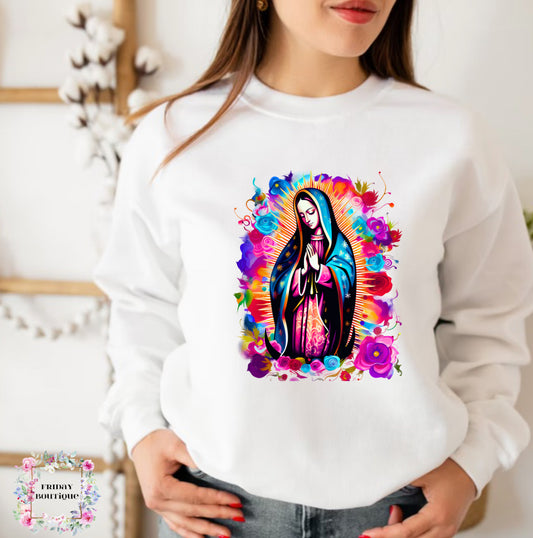 Virgencita Pink flowers white crewneck