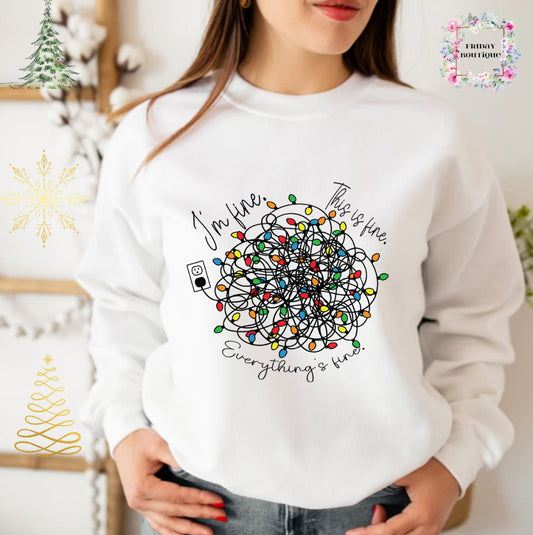 Everything is fine Christmas lights white crewneck