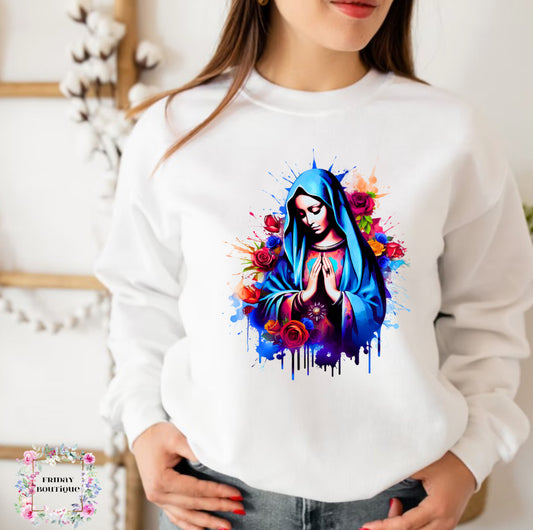 Blue paint virgencita white crewneck