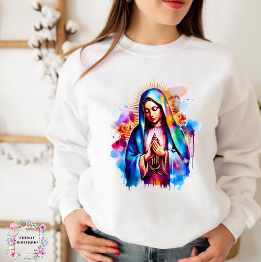 Colorful virgencita white crewneck